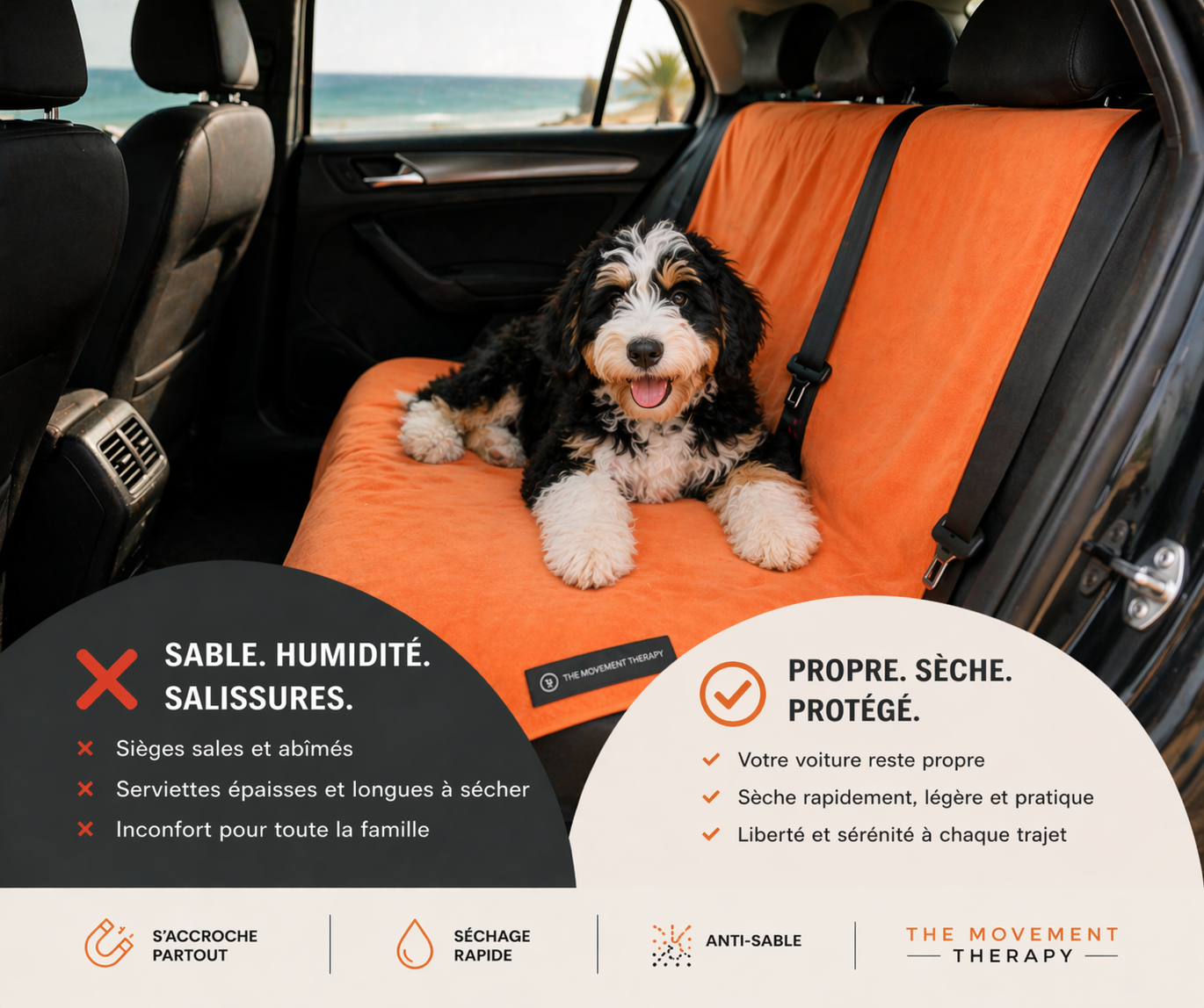 La serviette magnétique - Fini le sable dans la voiture et la serviette qui s'envole !